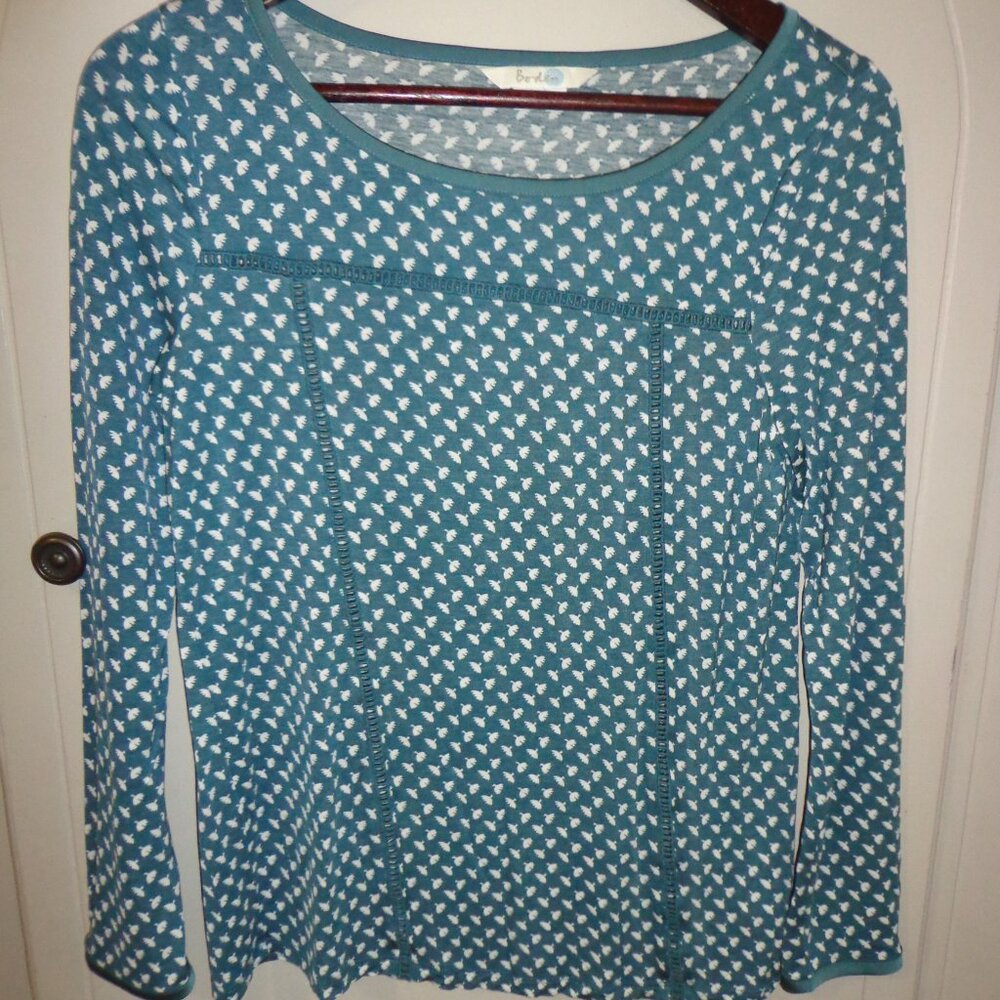 Boden Semi-Sheer Top US 4 Teal Blue/Ivory Print Long Sleeve Open Box-Stitching